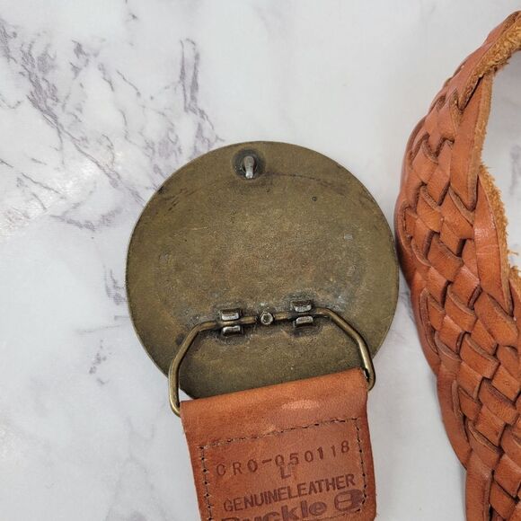 Buckle Braided Woven Tan Leather Belt with Decorative Brass Toned Buckle - Picture 9 of 14